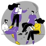 A digital cartoon drawing of a people talking during a meeting.