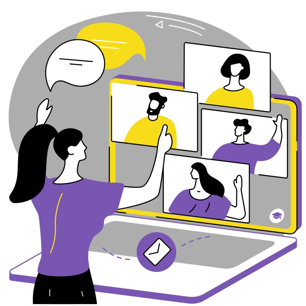 A digital cartoon drawing of a person standing looking at different screens during a webinar