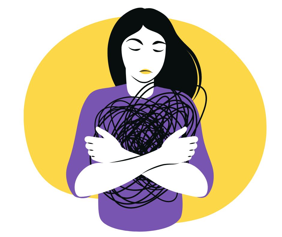 Illustration of woman embracing tangled lines, anxiety concept.