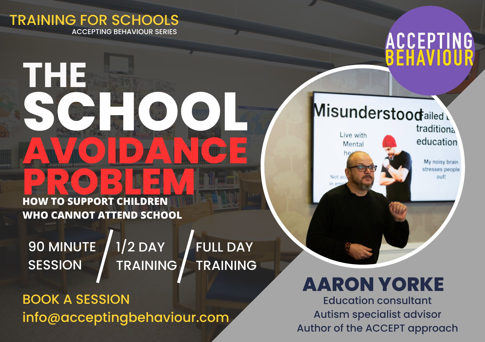 School avoidance training advertisement with speaker presenting.