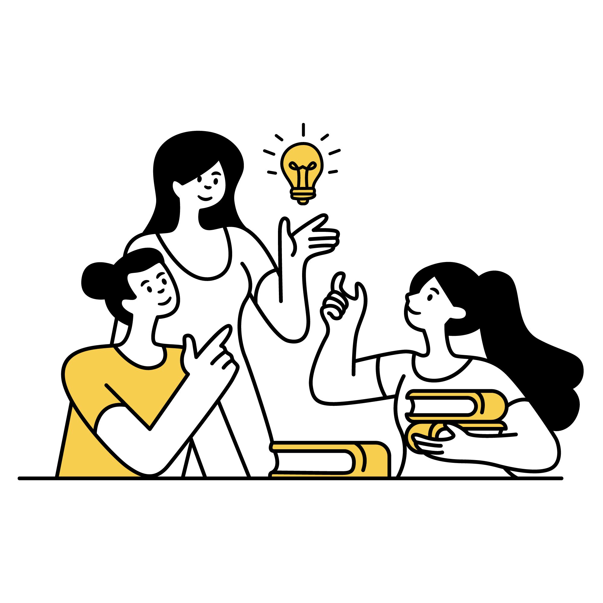 Students sharing idea with light bulb illustration