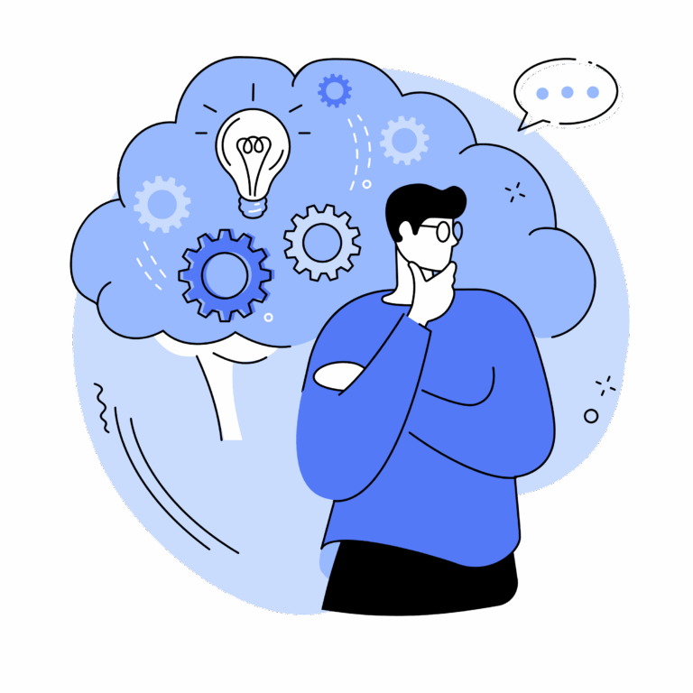 Person thinking with gears, lightbulb, cloud background.