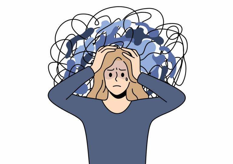 Person stressed with swirling thoughts illustration.