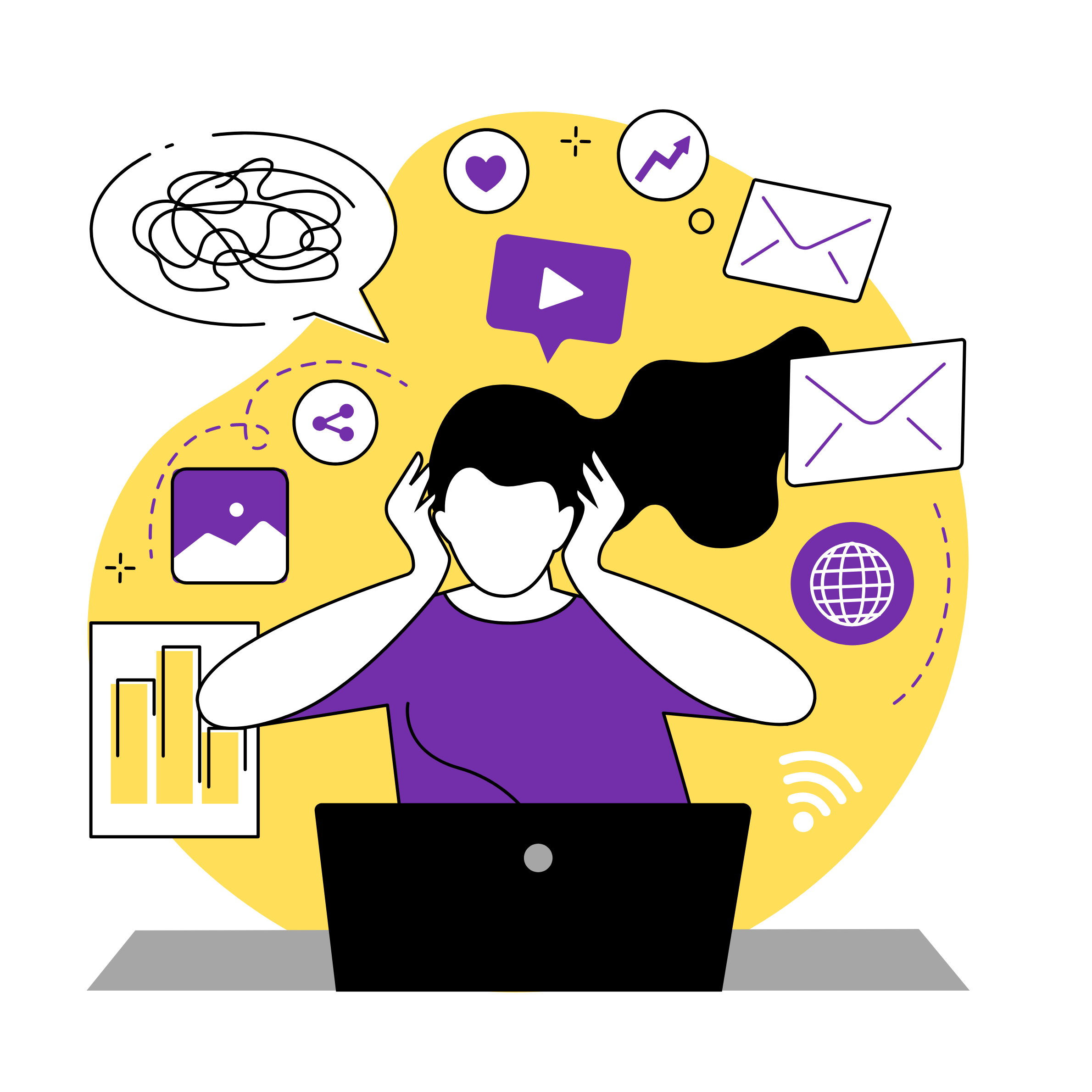 Person overwhelmed by digital communication and data.