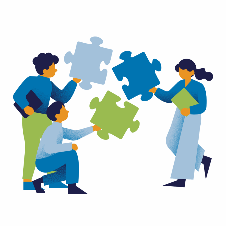 Team collaboration with large puzzle pieces.