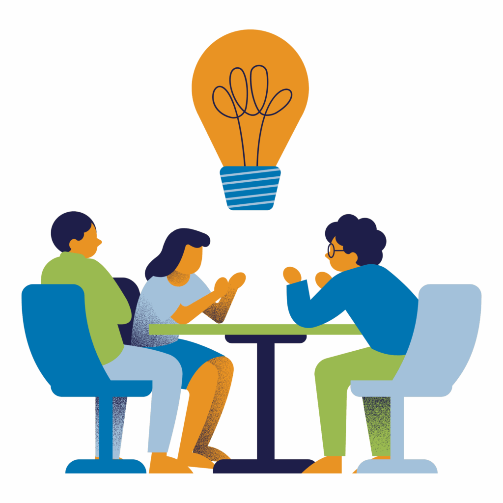 Three people discussing ideas with a lightbulb.