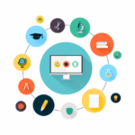 Education icons around a computer screen
