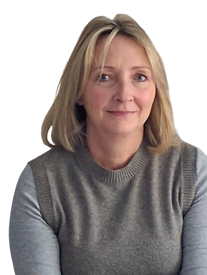 Woman with blonde hair smiling, wearing grey jumper.