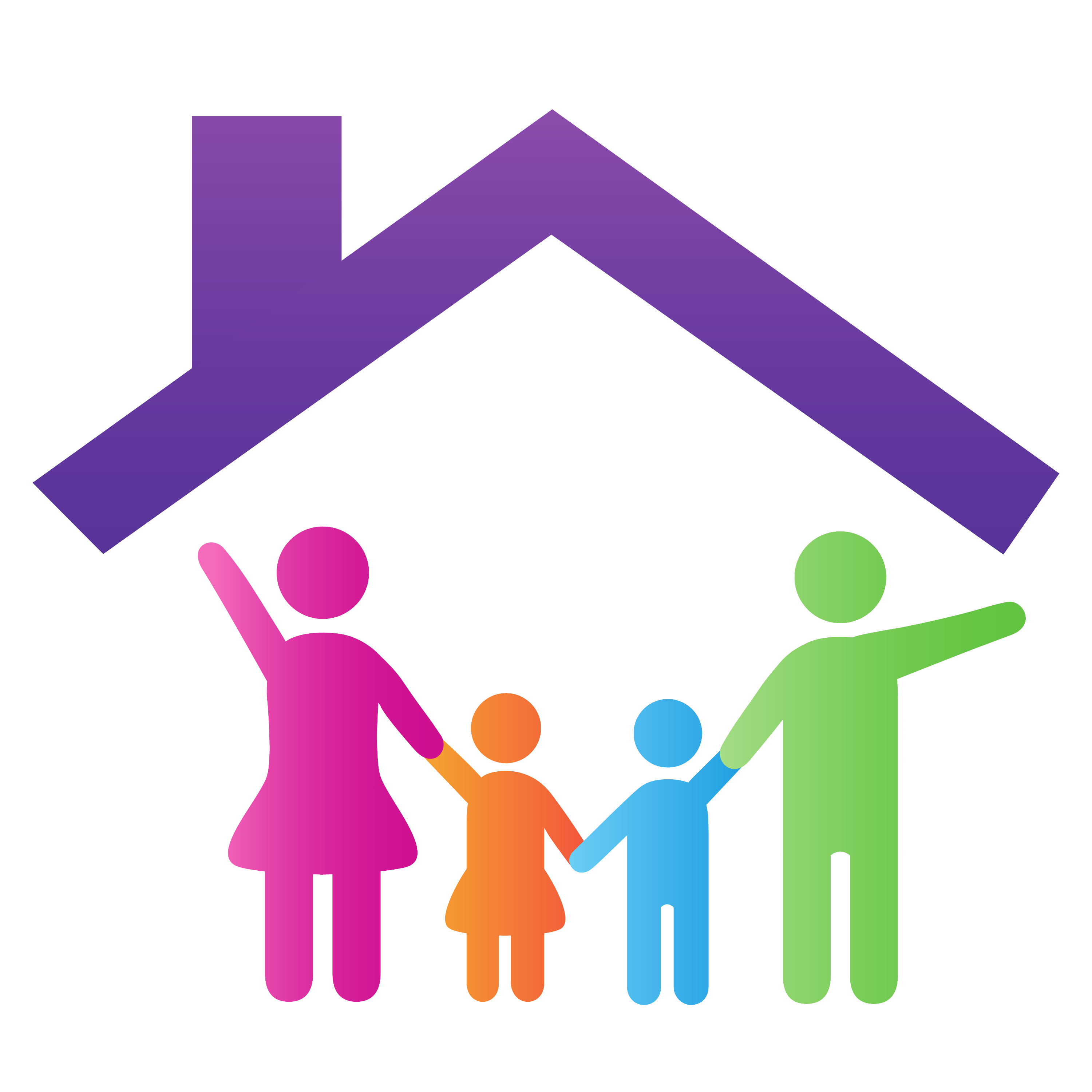 Colourful family under purple roof icon.